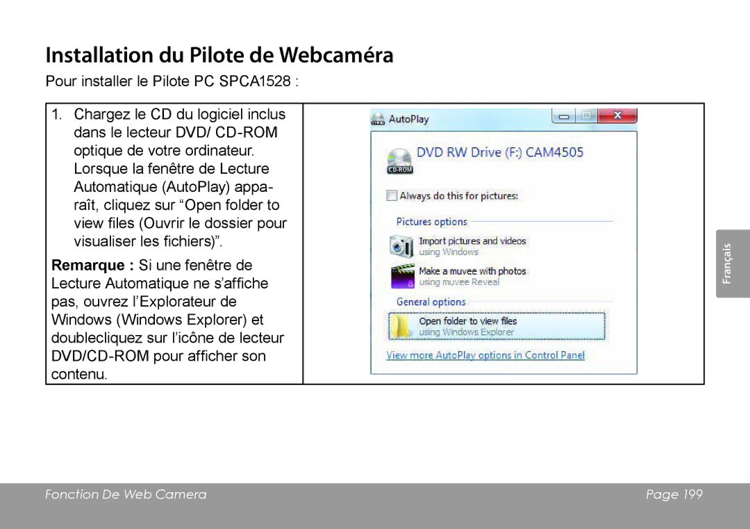 COBY electronic CAM4505 instruction manual Installation du Pilote de Webcaméra 