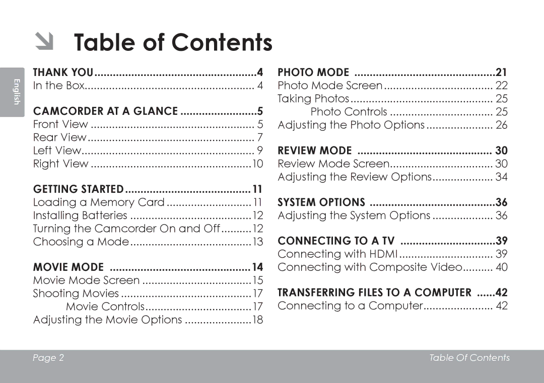 COBY electronic CAM4505 instruction manual ÂÂ Table of Contents 