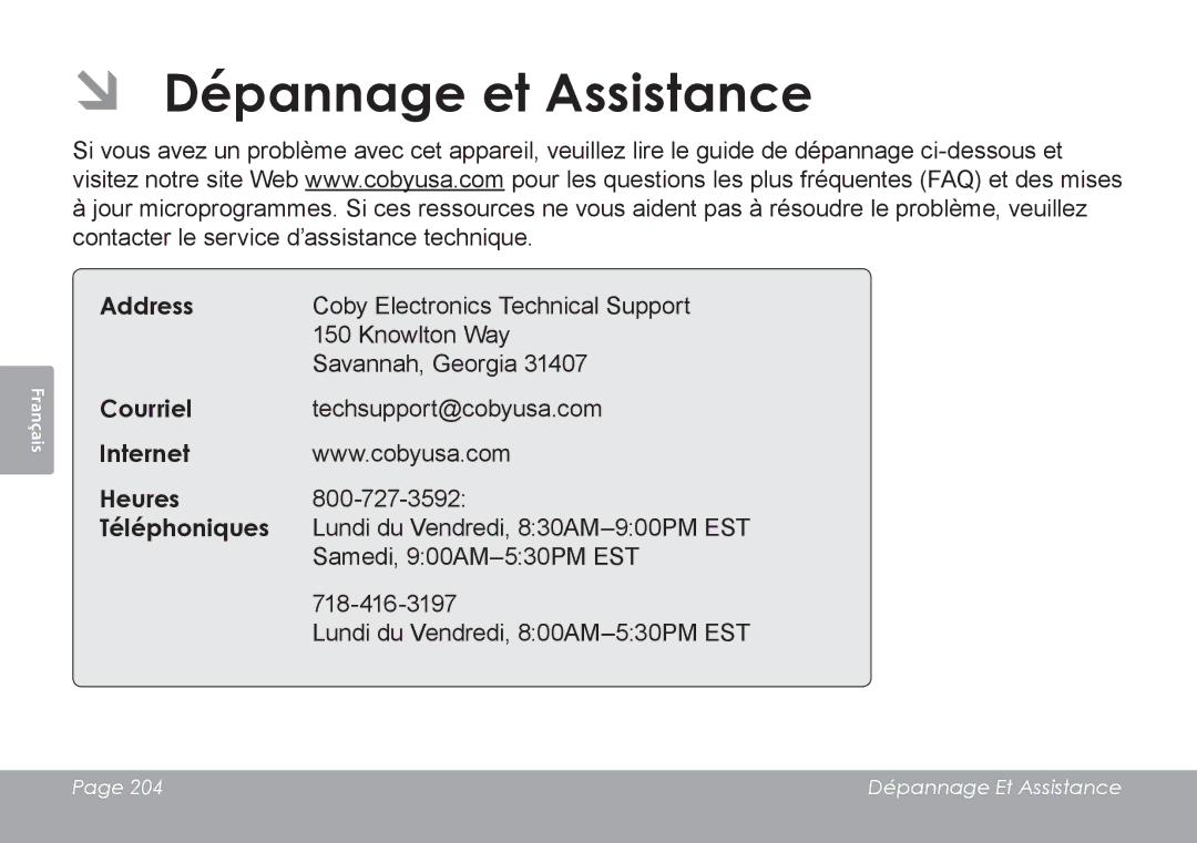 COBY electronic CAM4505 instruction manual ÂÂ Dépannage et Assistance, Internet Heures Téléphoniques 