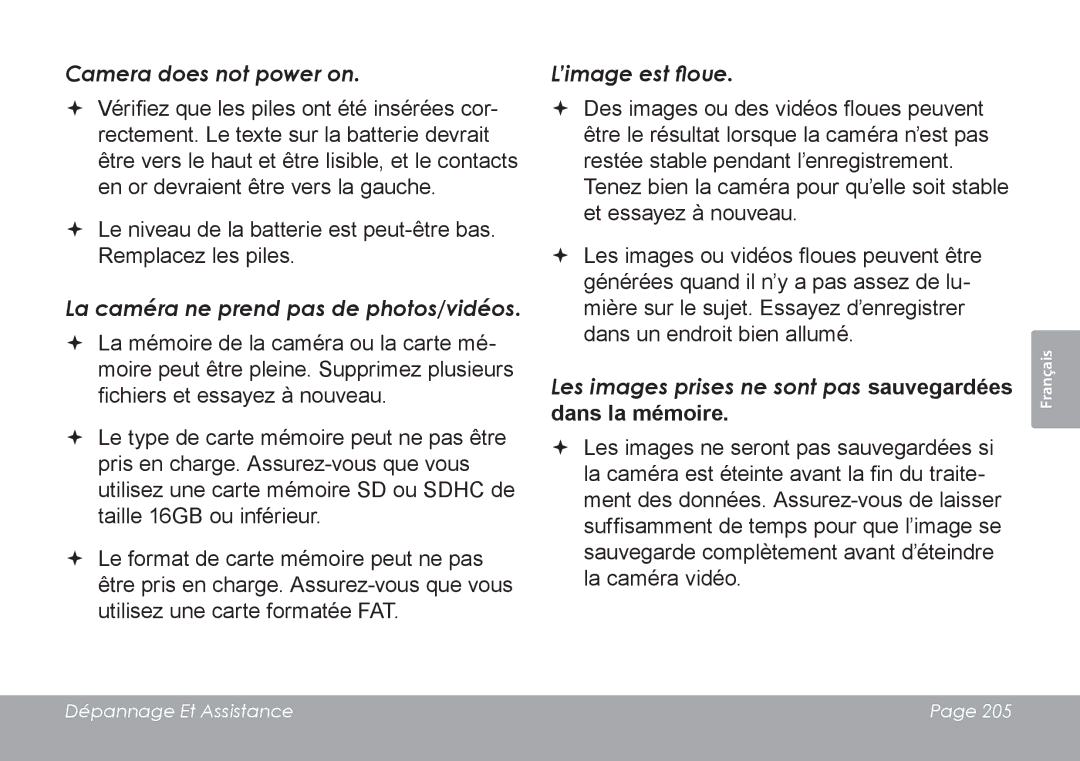 COBY electronic CAM4505 instruction manual La caméra ne prend pas de photos/vidéos, Dans la mémoire 