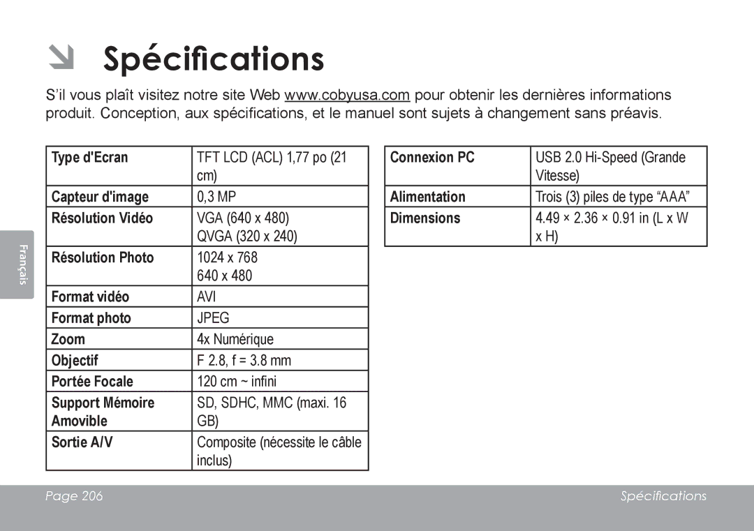 COBY electronic CAM4505 instruction manual ÂÂ Spécifications 