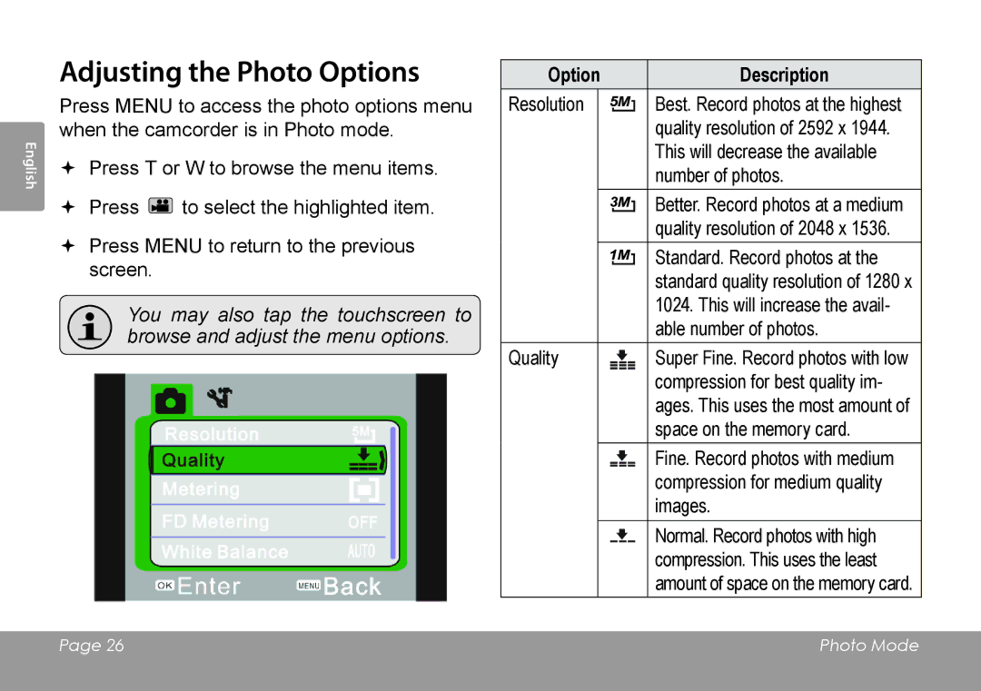 COBY electronic CAM4505 instruction manual Adjusting the Photo Options, Option Description 