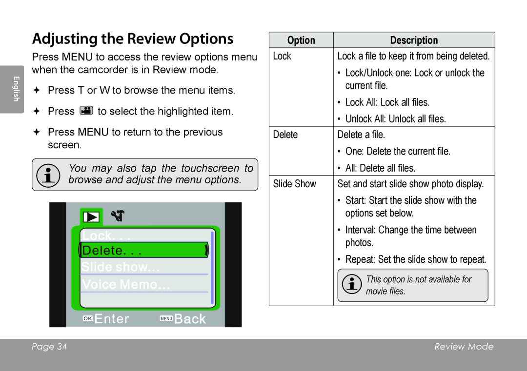 COBY electronic CAM4505 instruction manual Adjusting the Review Options, Option Description 