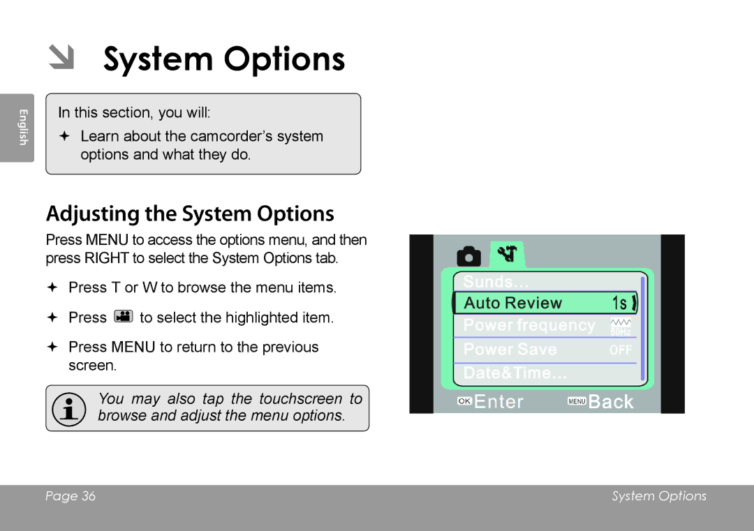 COBY electronic CAM4505 instruction manual ÂÂ System Options, Adjusting the System Options 