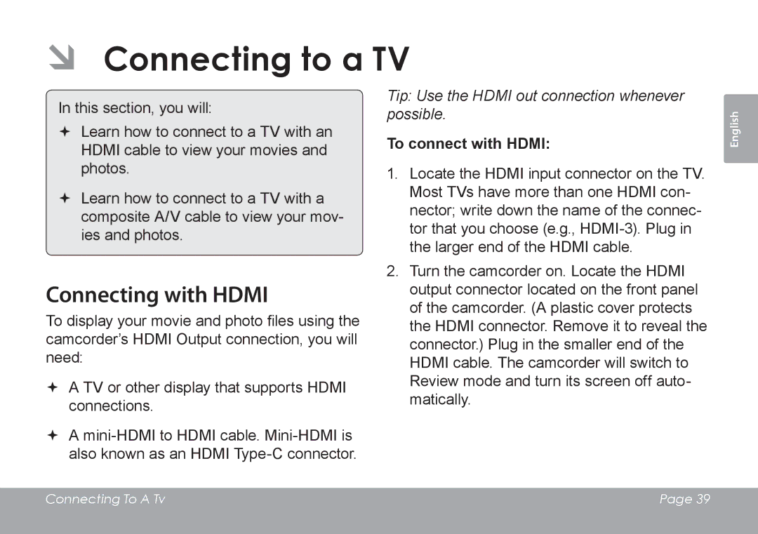 COBY electronic CAM4505 instruction manual ÂÂ Connecting to a TV, Connecting with Hdmi, To connect with Hdmi 