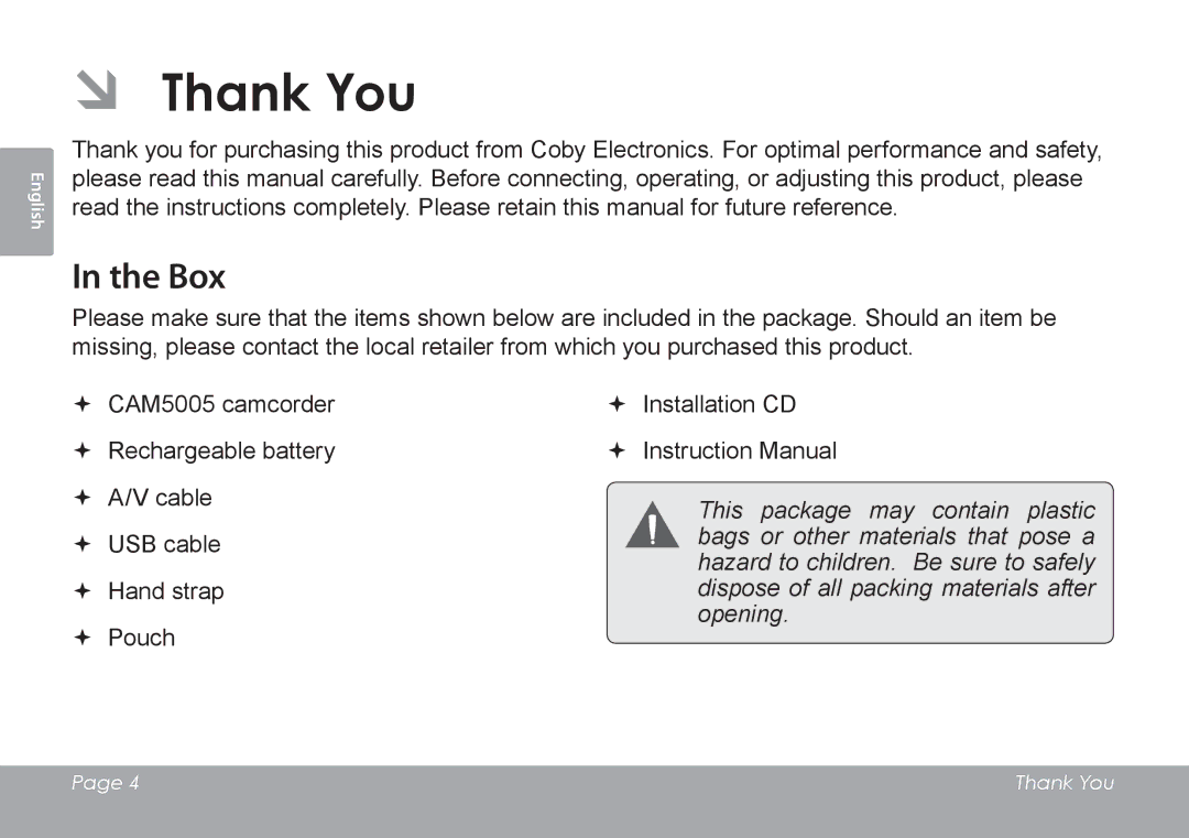 COBY electronic CAM4505 instruction manual ÂÂ Thank You, Box 