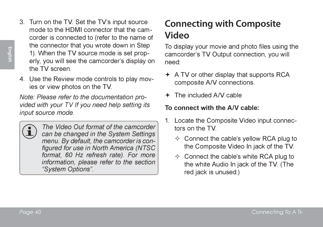 COBY electronic CAM4505 instruction manual Connecting with Composite Video, To connect with the A/V cable 