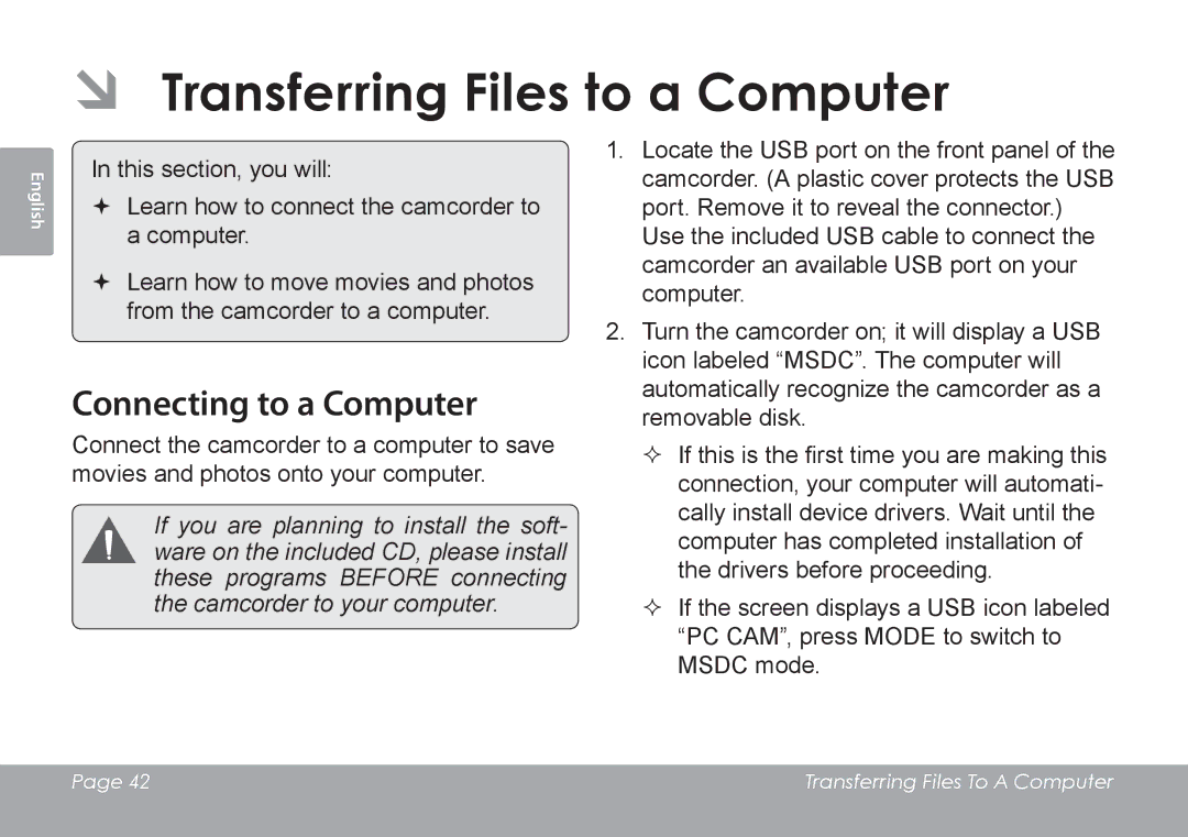 COBY electronic CAM4505 instruction manual ÂÂ Transferring Files to a Computer, Connecting to a Computer 