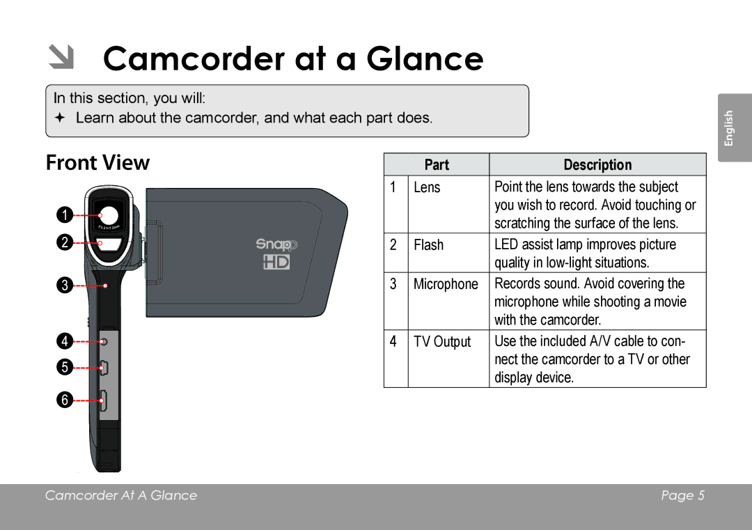 COBY electronic CAM4505 instruction manual ÂÂ Camcorder at a Glance, Part Description 