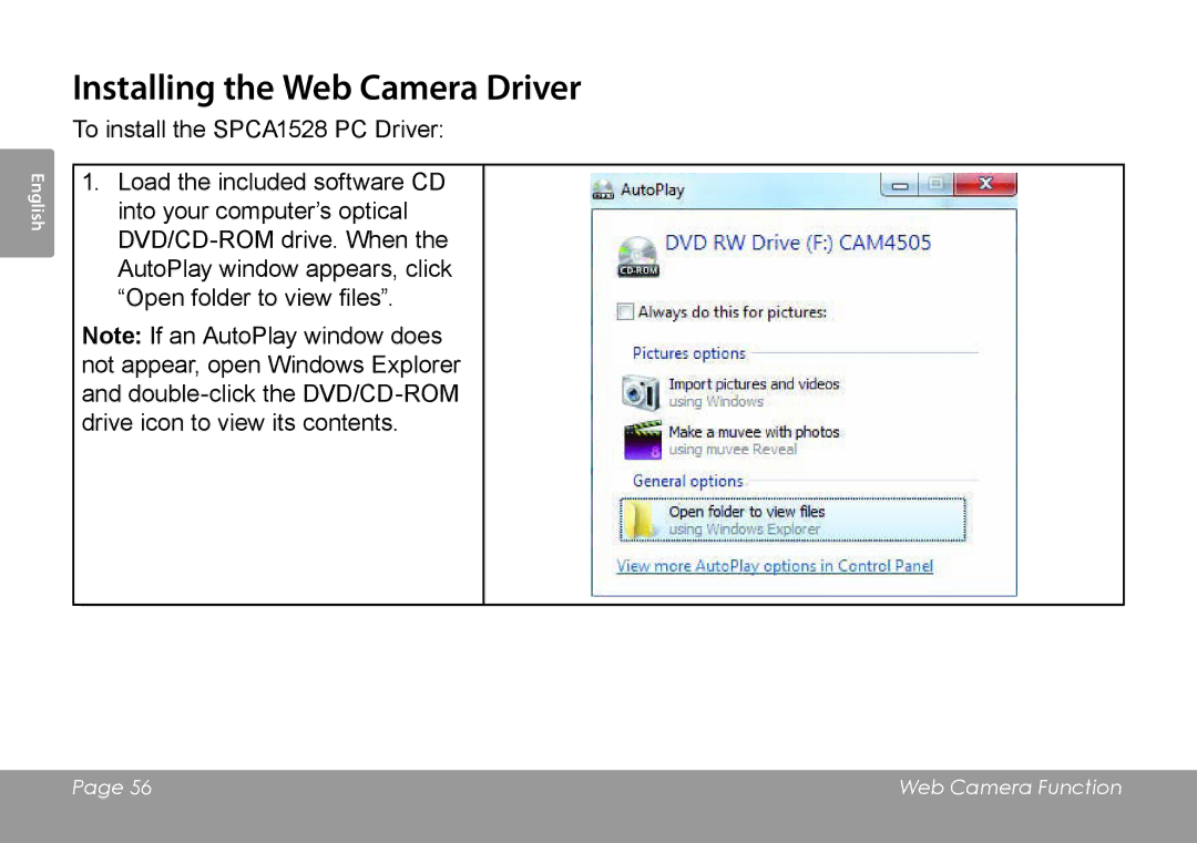 COBY electronic CAM4505 instruction manual Installing the Web Camera Driver 