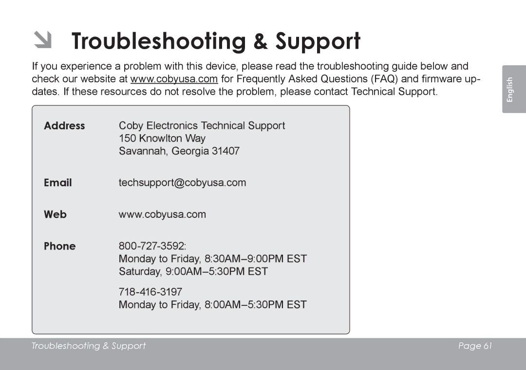 COBY electronic CAM4505 instruction manual ÂÂ Troubleshooting & Support 