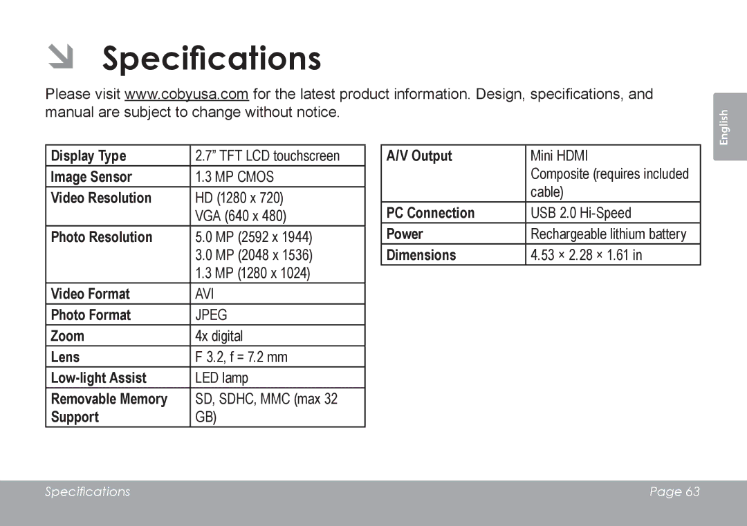 COBY electronic CAM4505 instruction manual ÂÂ Specifications 