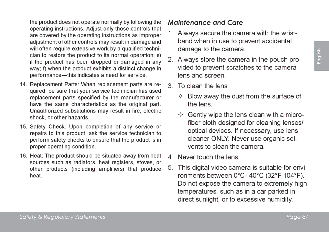 COBY electronic CAM4505 instruction manual Maintenance and Care 