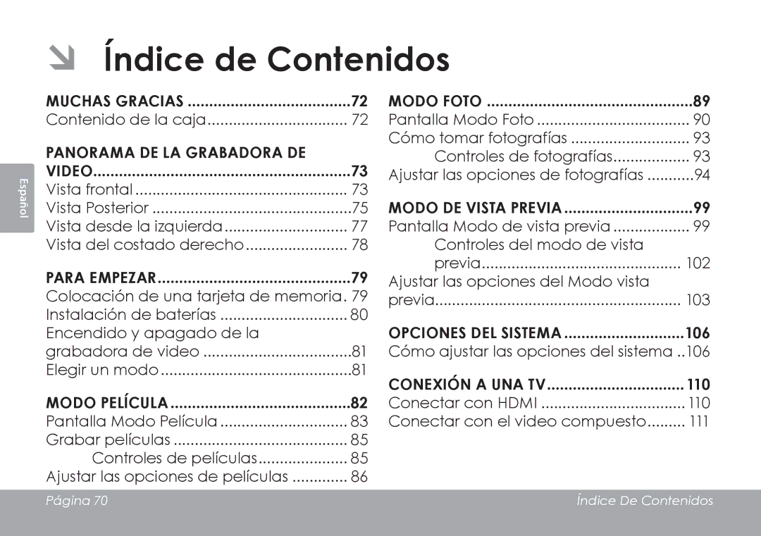 COBY electronic CAM4505 instruction manual ÂÂ Índice de Contenidos, Para Empezar 