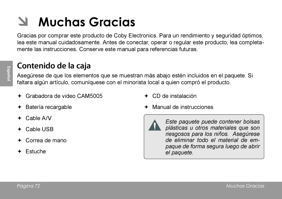 COBY electronic CAM4505 instruction manual ÂÂ Muchas Gracias, Contenido de la caja 