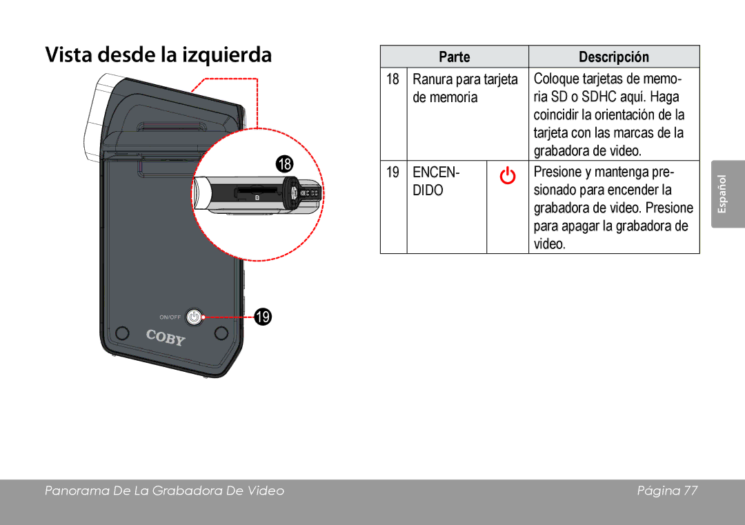 COBY electronic CAM4505 instruction manual Vista desde la izquierda, Encen, Dido 