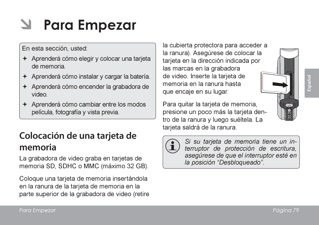 COBY electronic CAM4505 instruction manual ÂÂ Para Empezar, Colocación de una tarjeta de memoria 