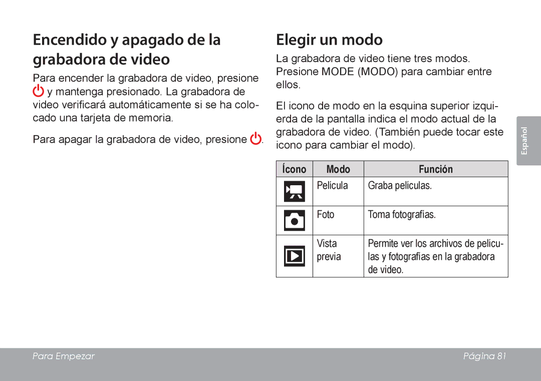 COBY electronic CAM4505 instruction manual Elegir un modo, Ícono Modo Función 