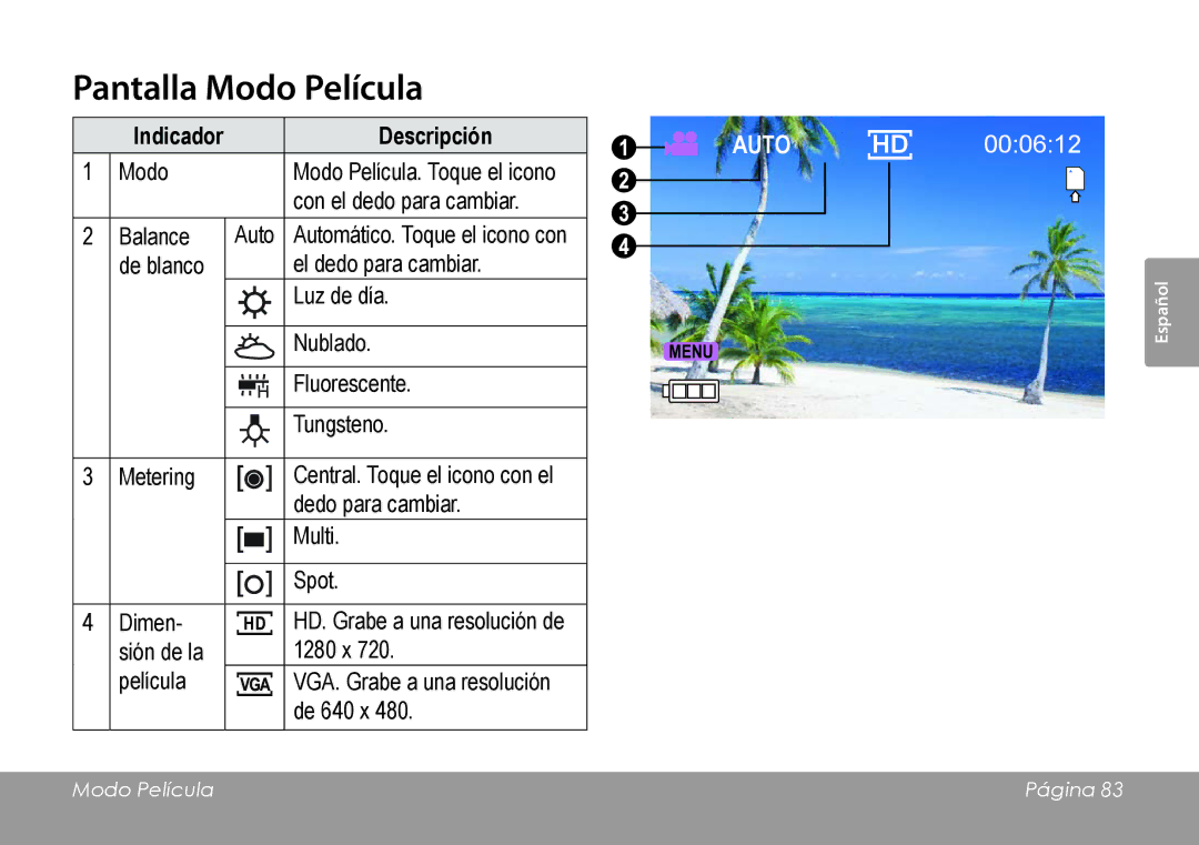 COBY electronic CAM4505 instruction manual Pantalla Modo Película, Indicador Descripción 