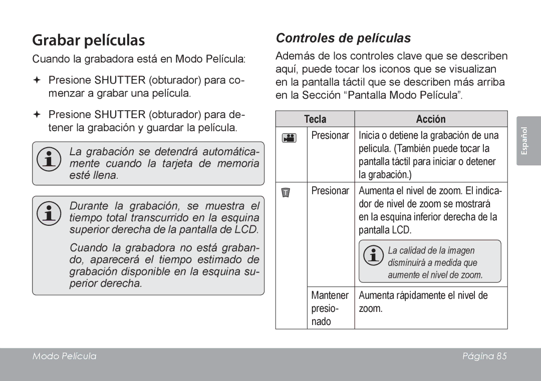 COBY electronic CAM4505 instruction manual Grabar películas, Tecla Acción 