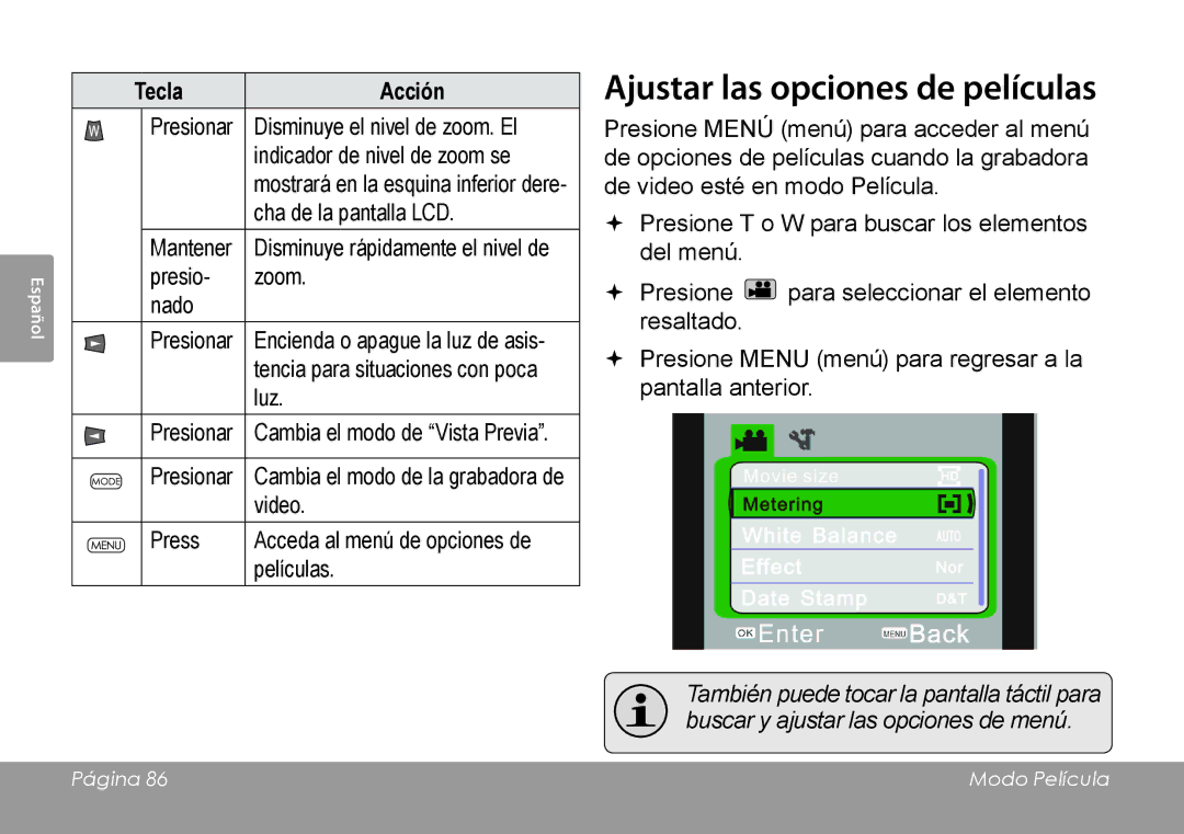 COBY electronic CAM4505 instruction manual Ajustar las opciones de películas 