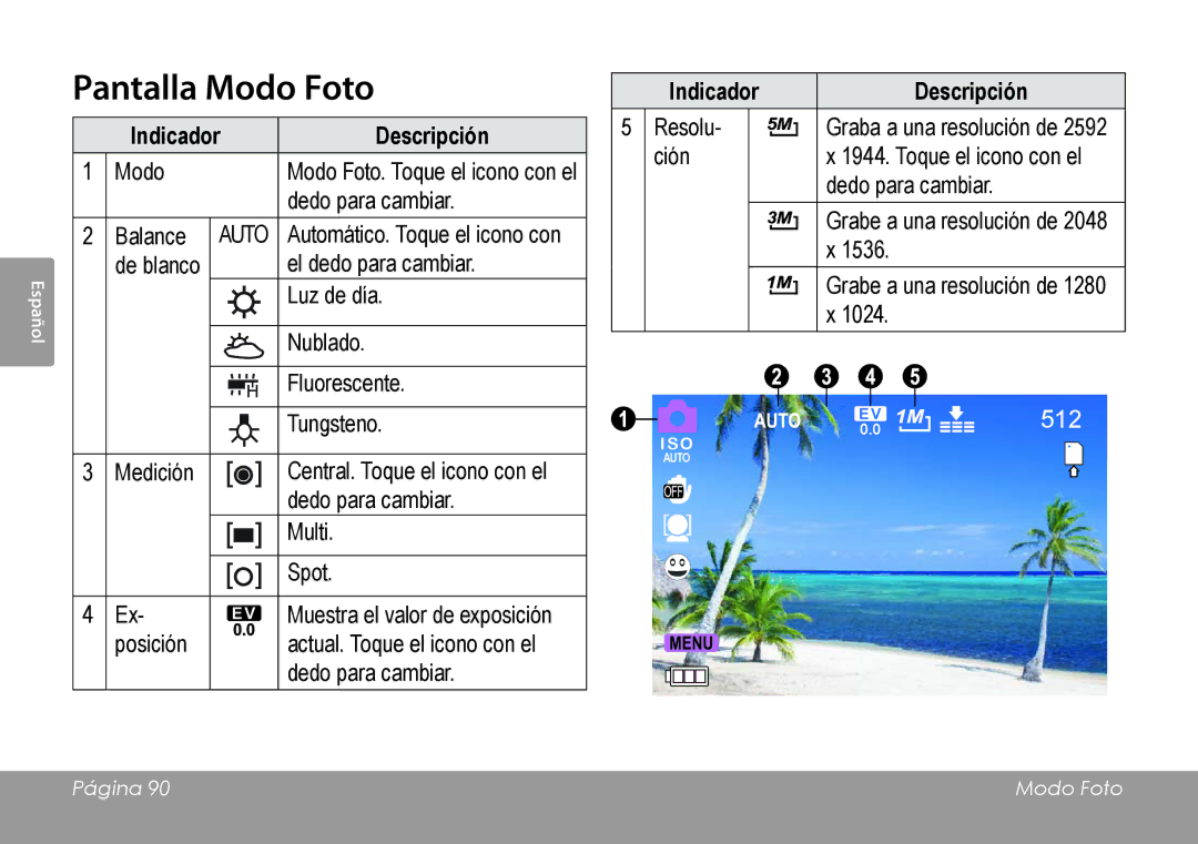 COBY electronic CAM4505 instruction manual Pantalla Modo Foto, Indicador Descripción 