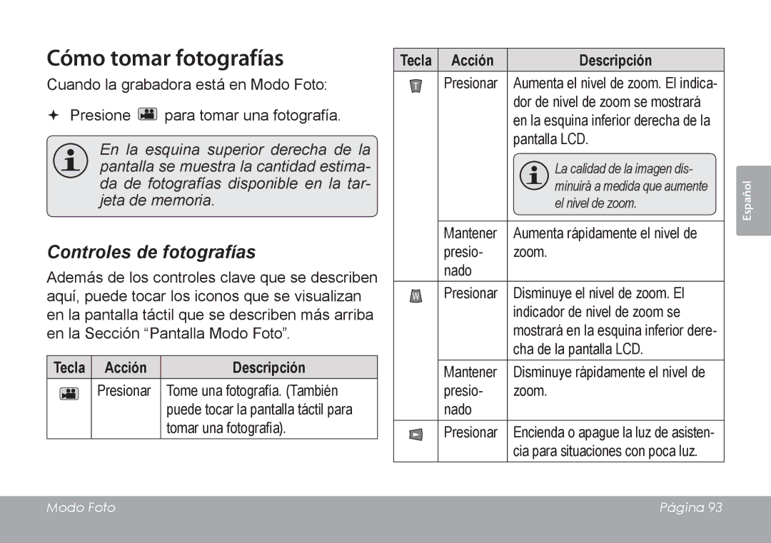 COBY electronic CAM4505 instruction manual Cómo tomar fotografías, Tecla Acción Descripción 