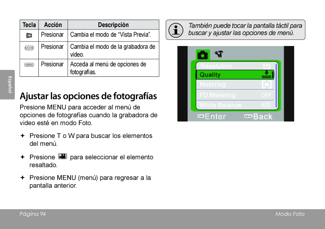 COBY electronic CAM4505 instruction manual Ajustar las opciones de fotografías 