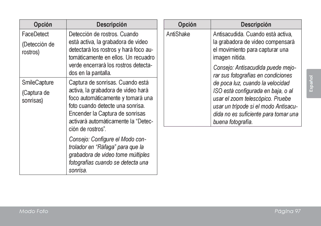 COBY electronic CAM4505 instruction manual Consejo Configure el Modo con 