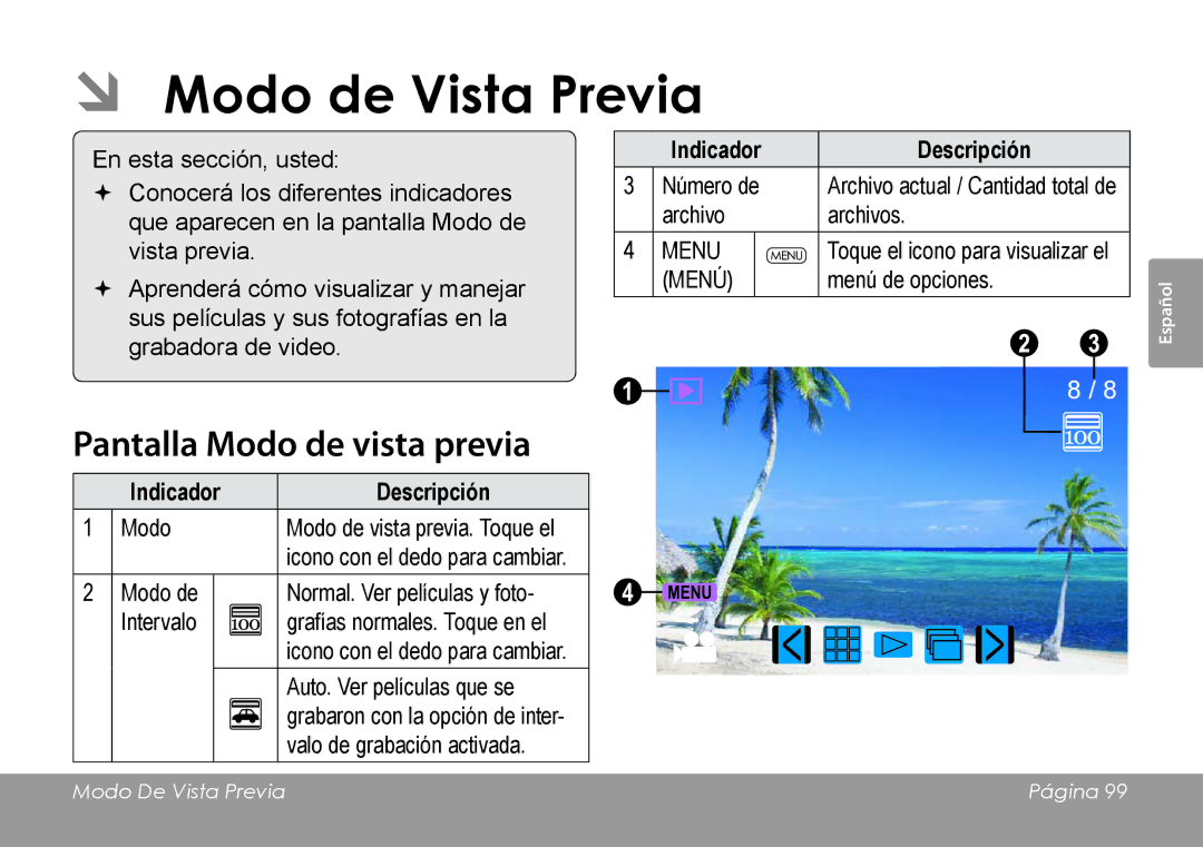 COBY electronic CAM4505 instruction manual ÂÂ Modo de Vista Previa, Pantalla Modo de vista previa 