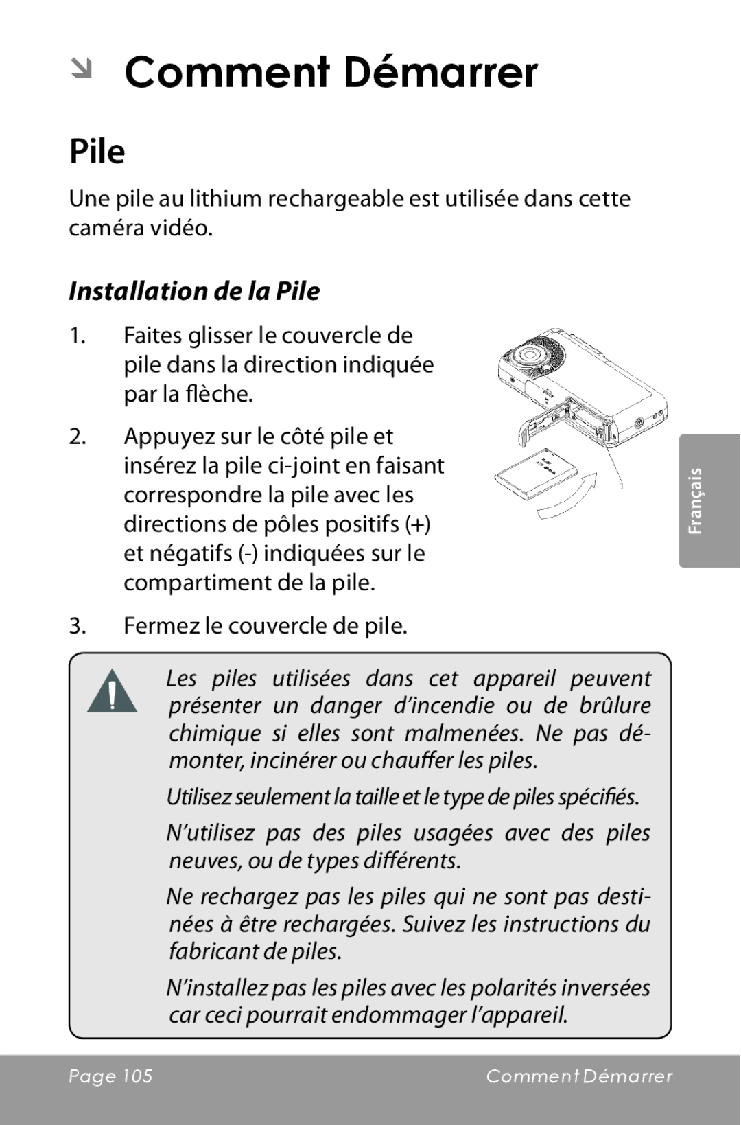 COBY electronic CAM5000 instruction manual ÂÂ Comment Démarrer, Installation de la Pile, Fermez le couvercle de pile 