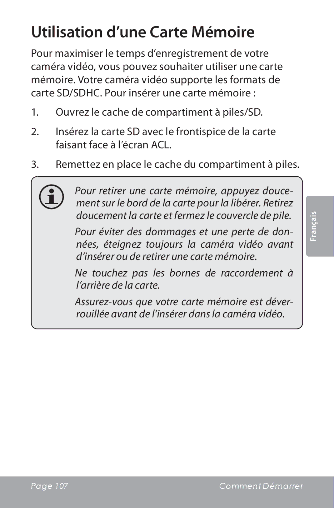 COBY electronic CAM5000 instruction manual Utilisation d’une Carte Mémoire 