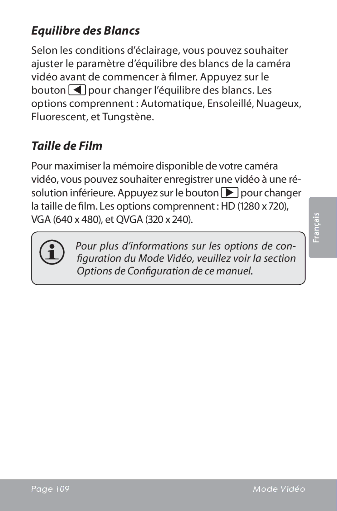 COBY electronic CAM5000 instruction manual Equilibre des Blancs, Taille de Film 