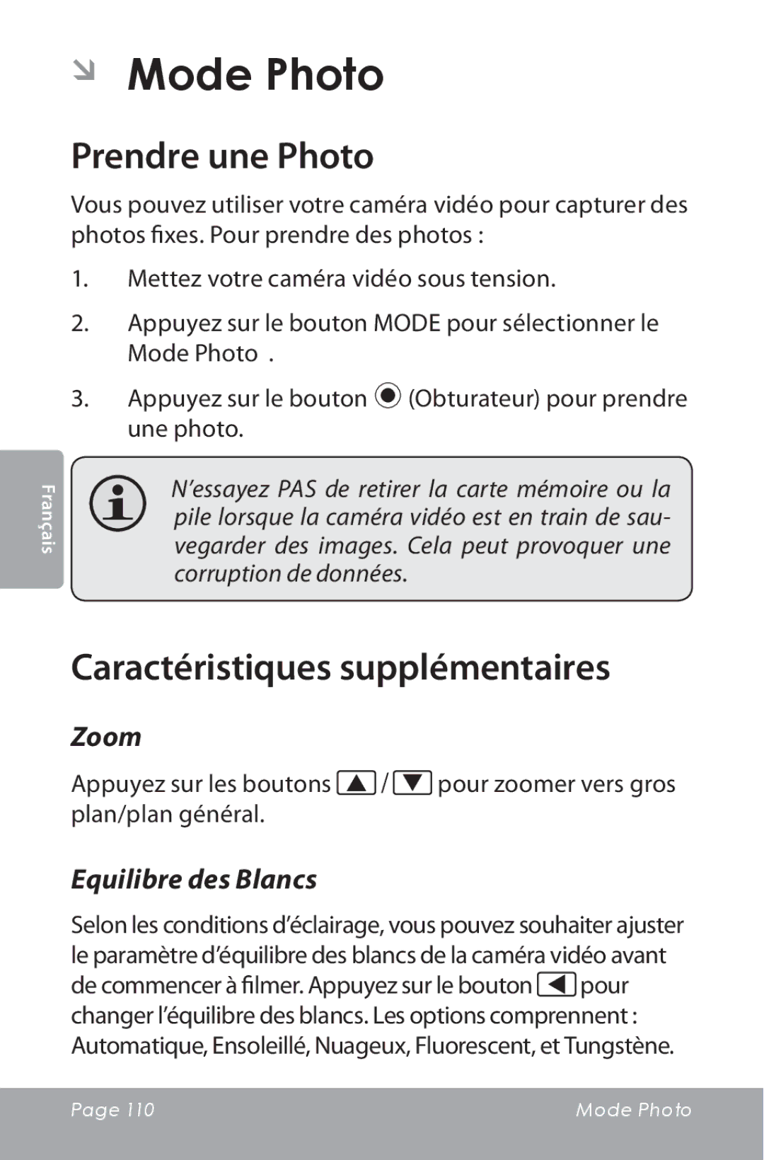 COBY electronic CAM5000 instruction manual ÂÂ Mode Photo, Prendre une Photo 