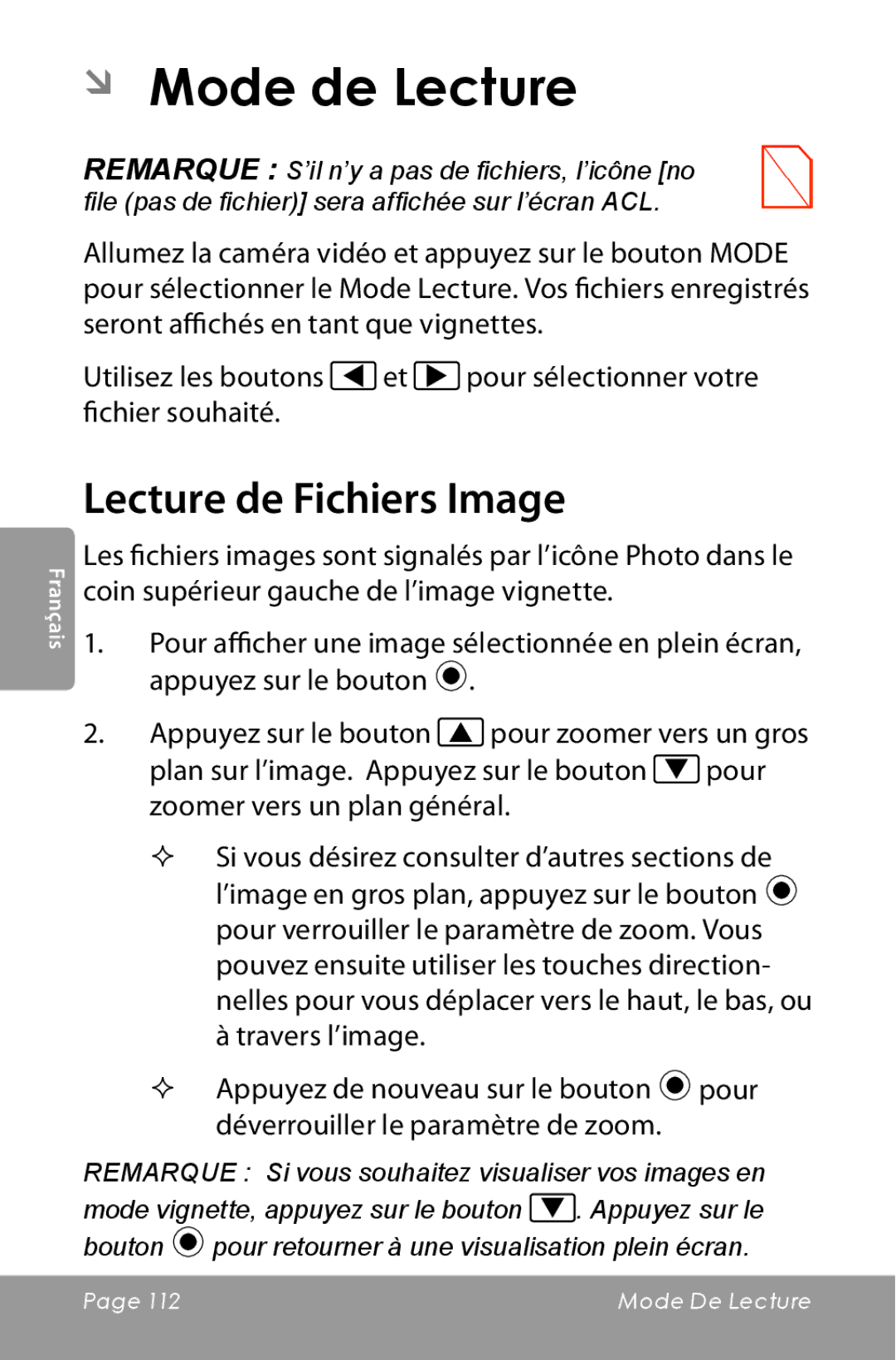 COBY electronic CAM5000 instruction manual ÂÂ Mode de Lecture, Lecture de Fichiers Image 