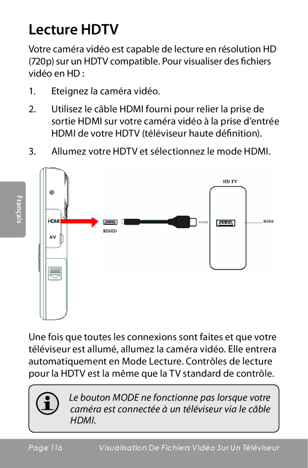 COBY electronic CAM5000 instruction manual Lecture Hdtv, Allumez votre Hdtv et sélectionnez le mode Hdmi 