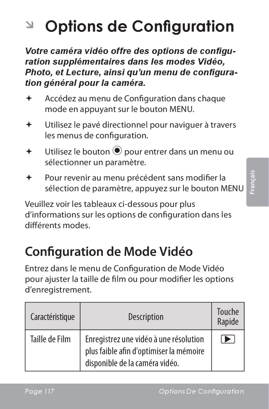 COBY electronic CAM5000 ÂÂ Options de Configuration, Configuration de Mode Vidéo, Description, Taille de Film 