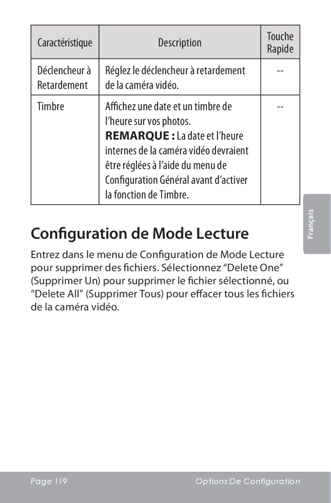 COBY electronic CAM5000 instruction manual Configuration de Mode Lecture, De la caméra vidéo Timbre, ’heure sur vos photos 