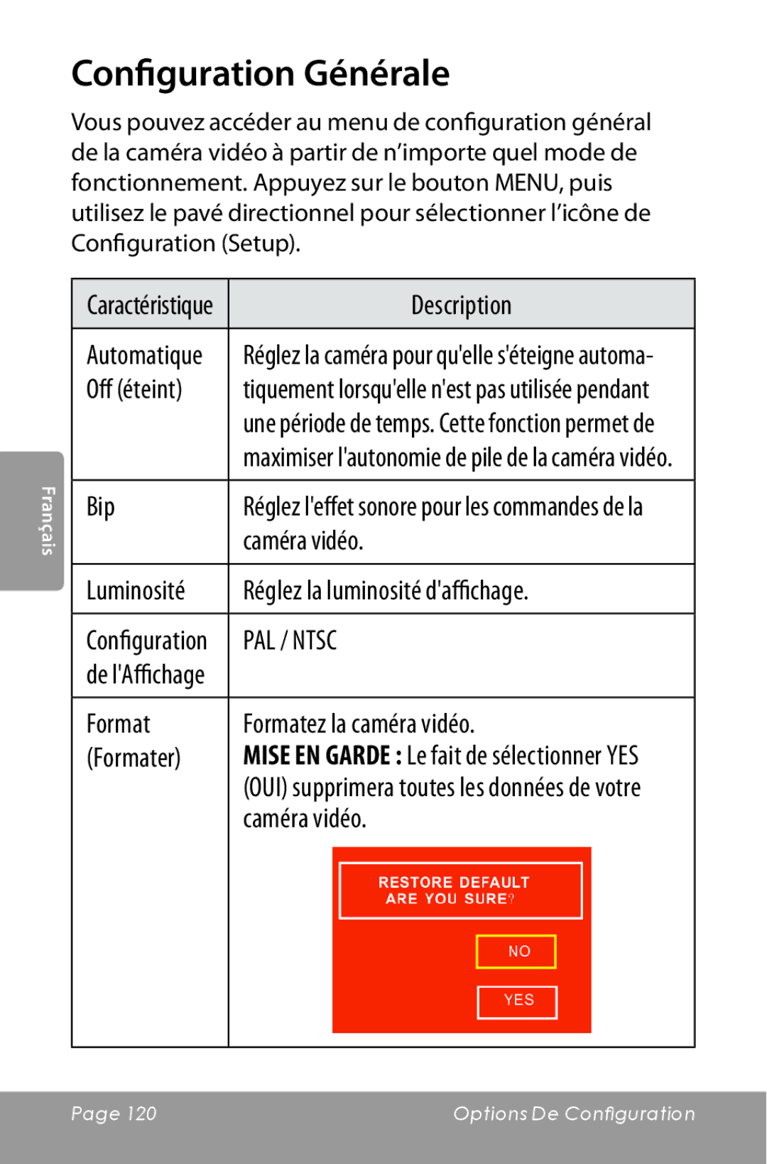 COBY electronic CAM5000 Configuration Générale, Off éteint, Caméra vidéo, Réglez la luminosité daffichage 