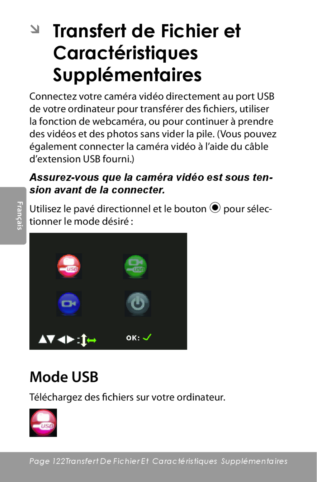 COBY electronic CAM5000 instruction manual ÂÂ Transfert de Fichier et Caractéristiques Supplémentaires, Mode USB 