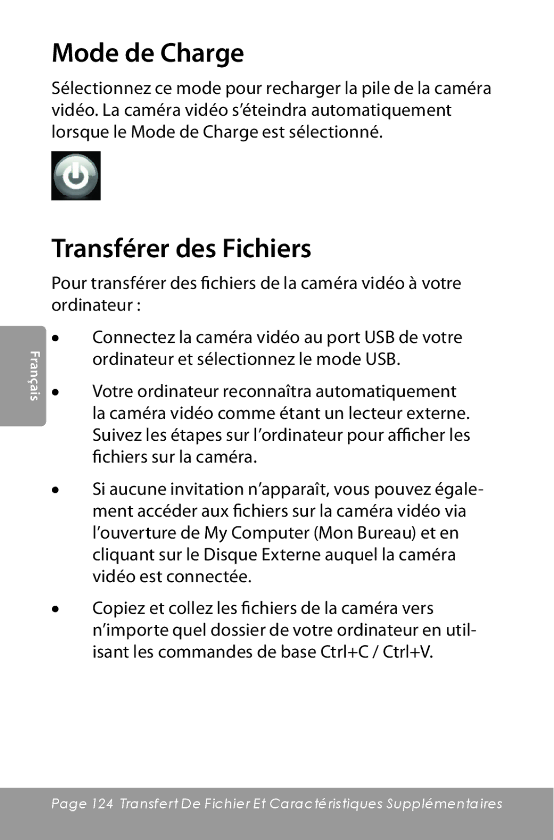 COBY electronic CAM5000 instruction manual Mode de Charge, Transférer des Fichiers 