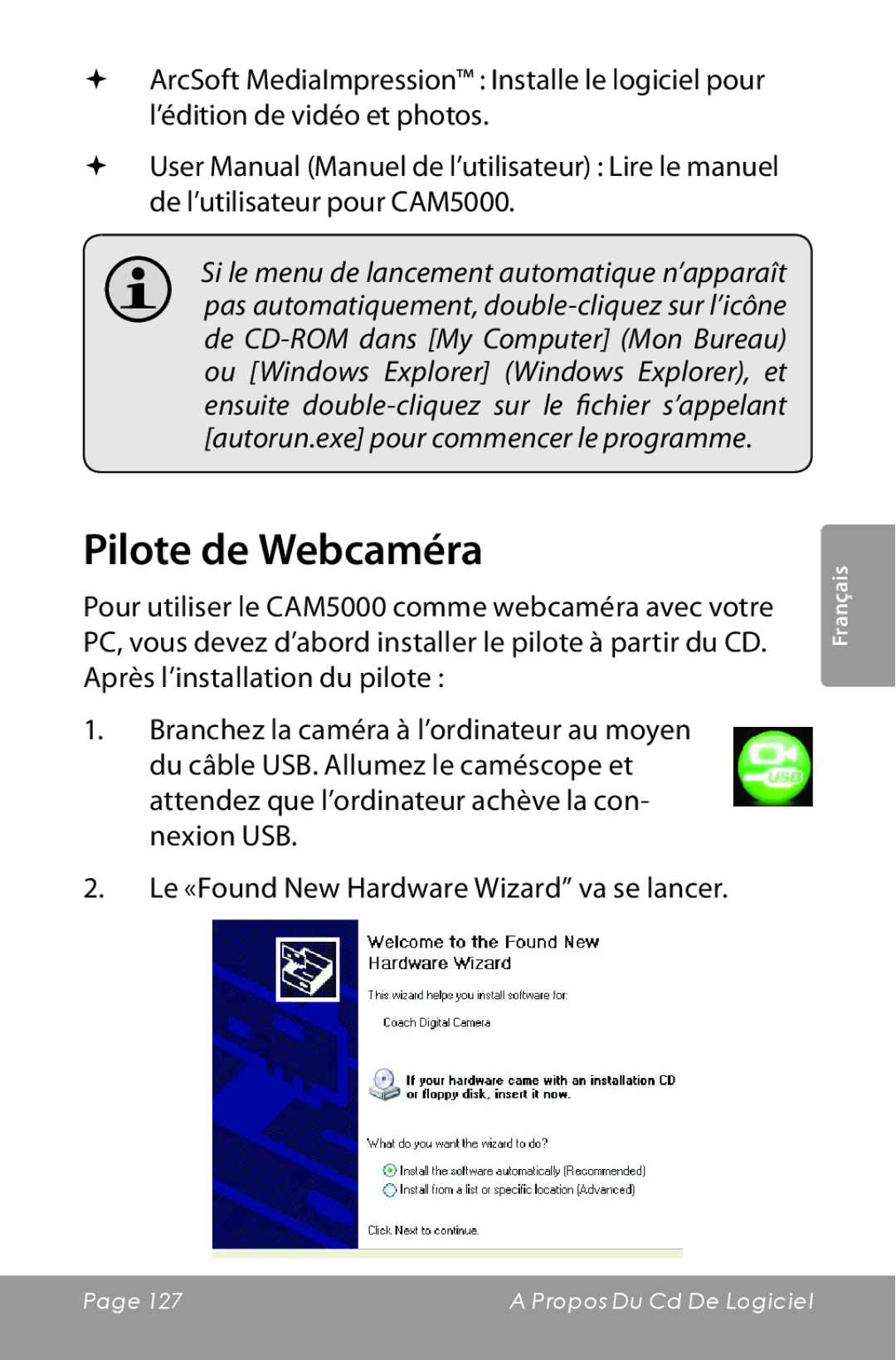 COBY electronic CAM5000 instruction manual Pilote de Webcaméra 