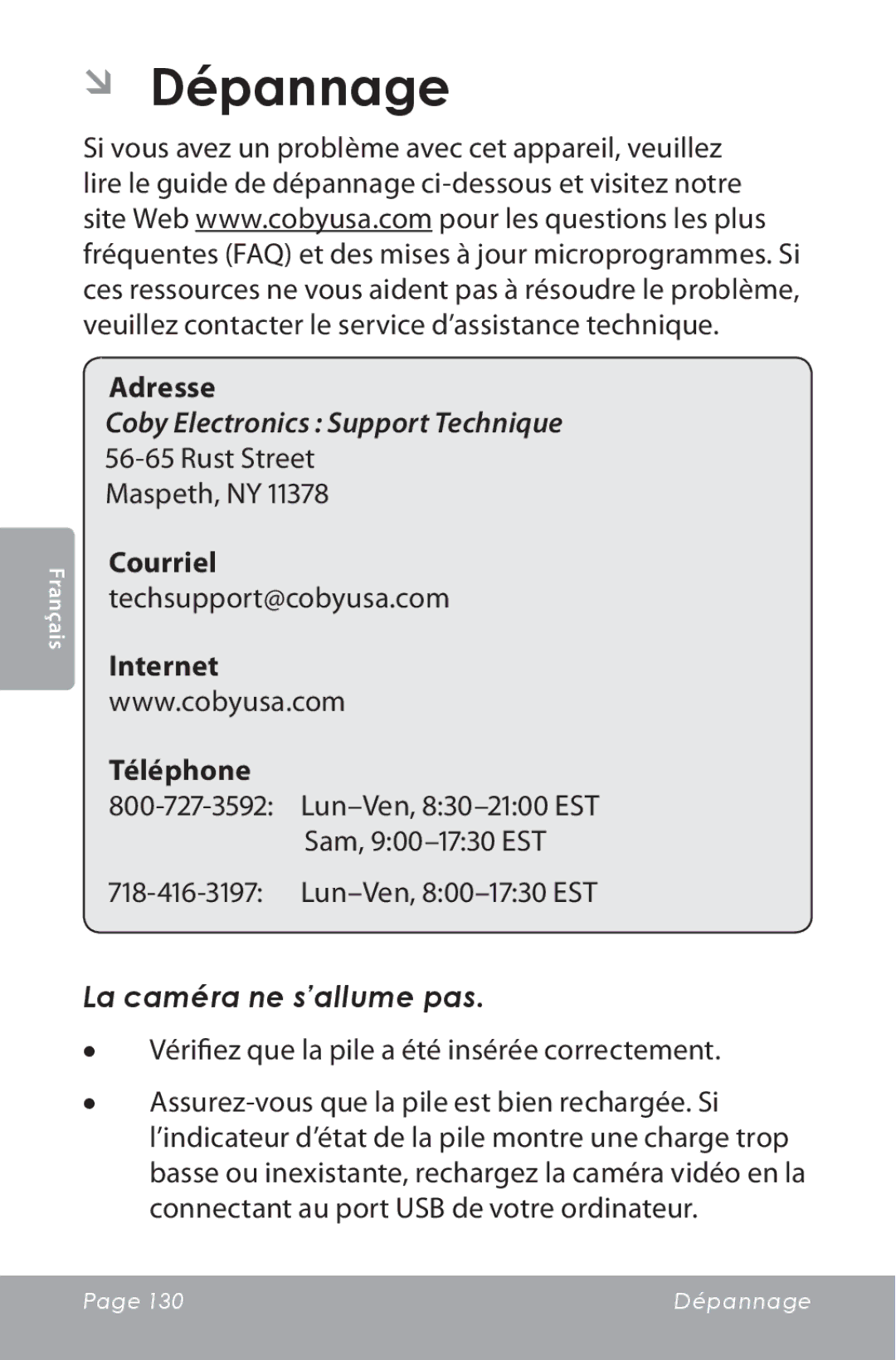 COBY electronic CAM5000 instruction manual ÂÂ Dépannage, Rust Street Maspeth, NY, La caméra ne s’allume pas 