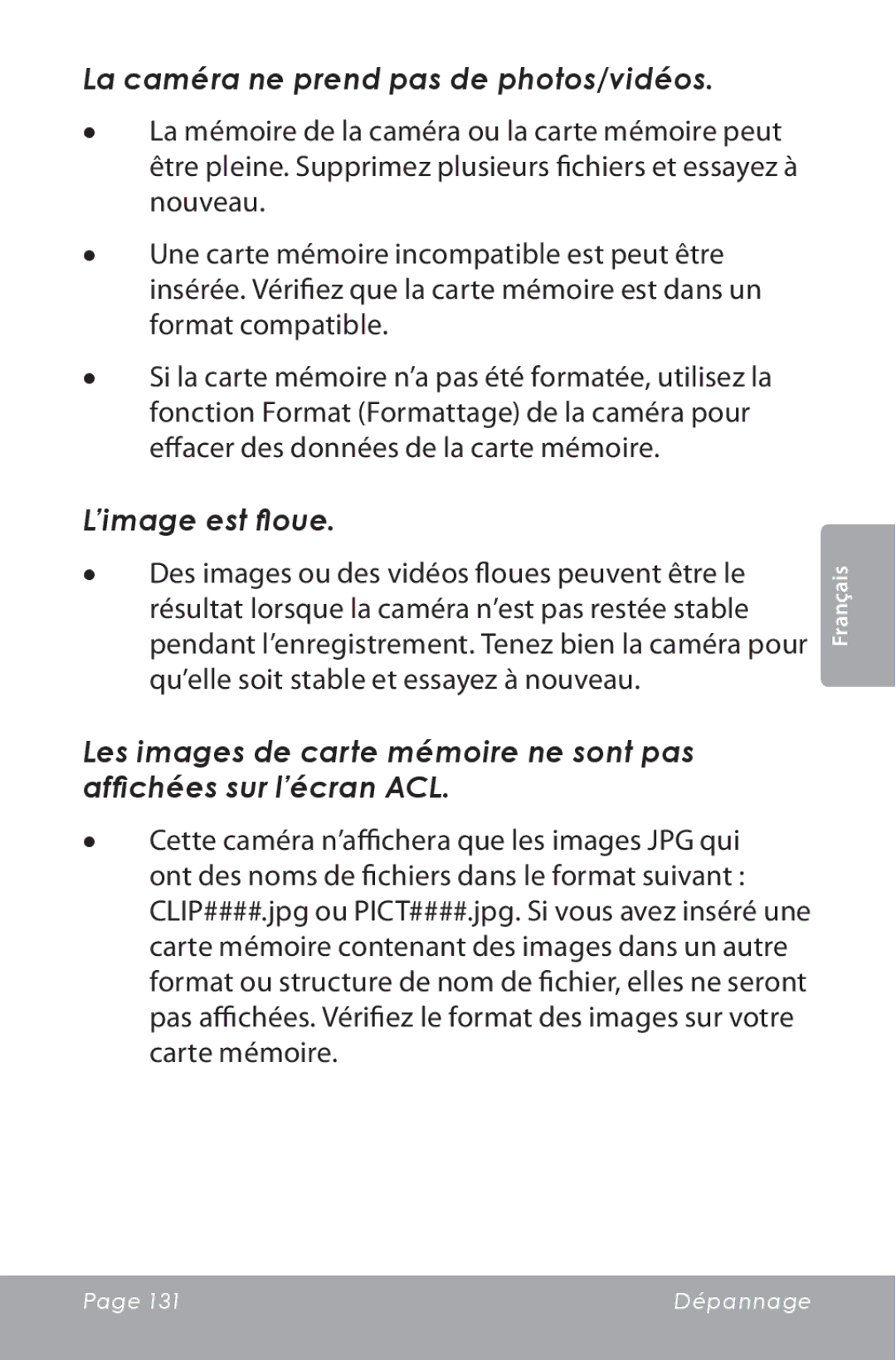 COBY electronic CAM5000 instruction manual La caméra ne prend pas de photos/vidéos, ’image est floue 