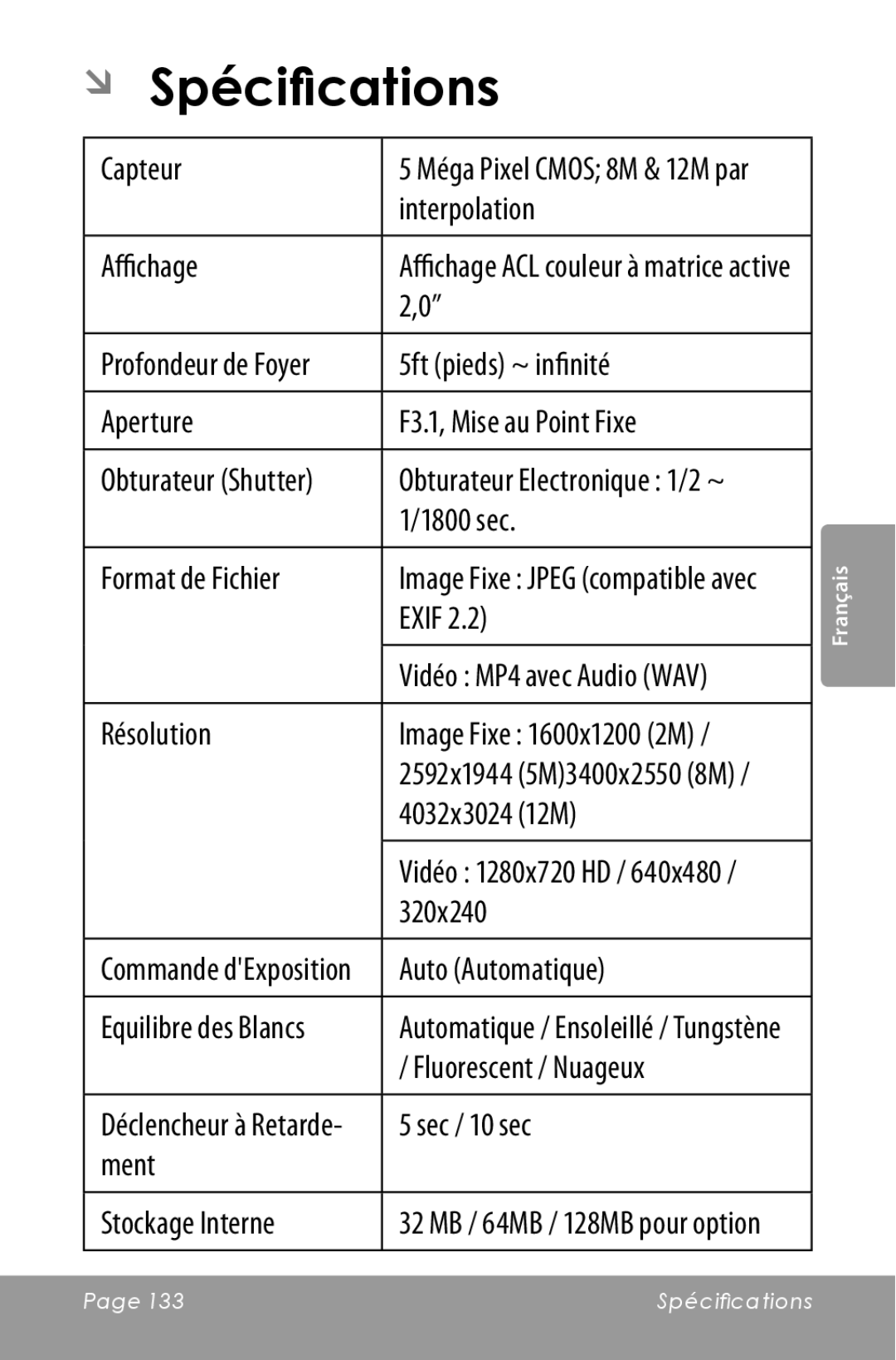 COBY electronic CAM5000 instruction manual ÂÂ Spécifications 