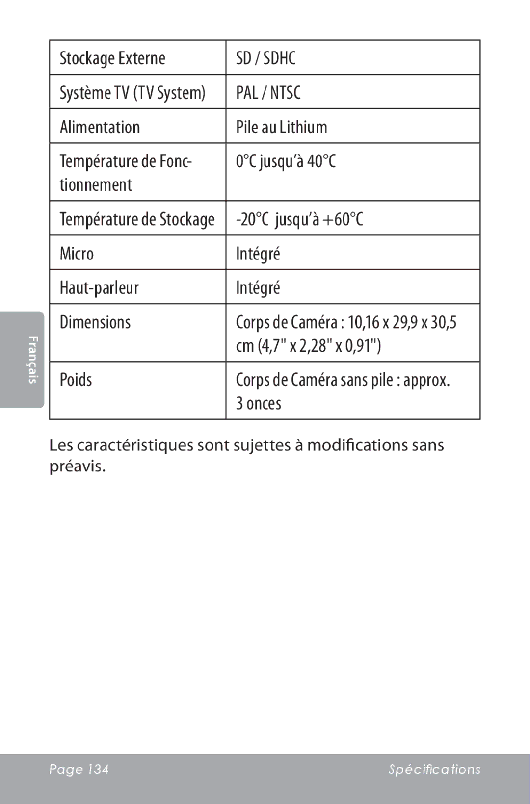 COBY electronic CAM5000 Stockage Externe, Alimentation Pile au Lithium, 0C jusqu’à 40C, Tionnement, 20C jusqu’à +60C 