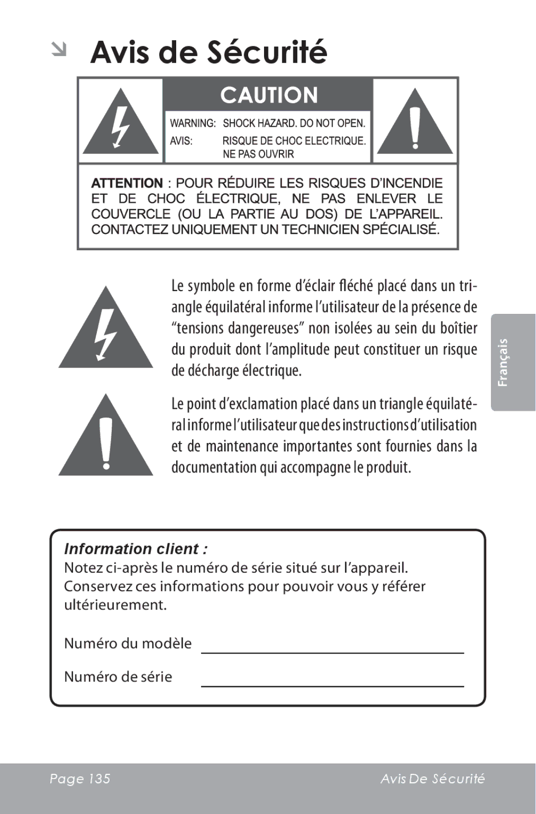 COBY electronic CAM5000 instruction manual ÂÂ Avis de Sécurité, Information client 