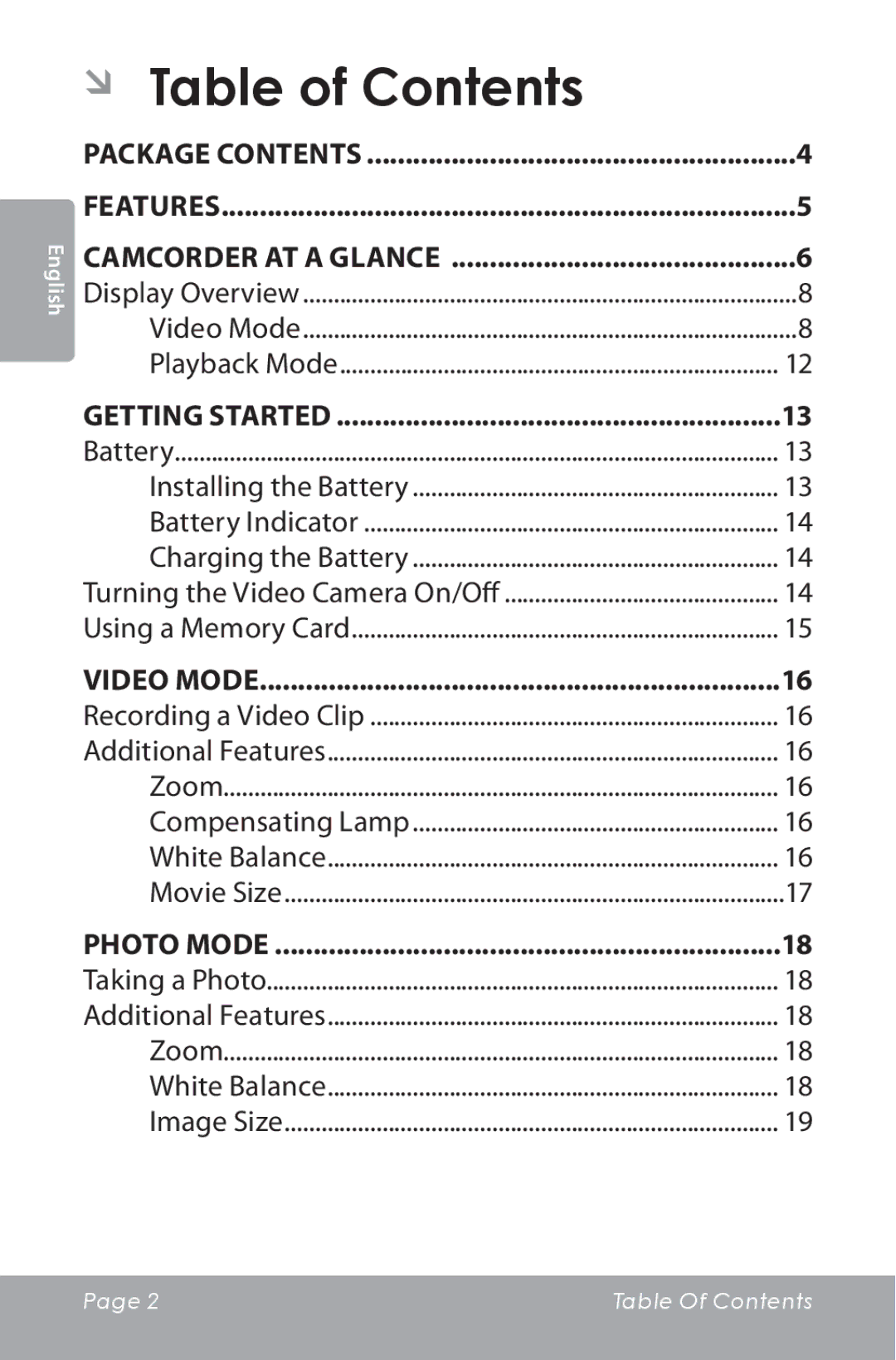 COBY electronic CAM5000 instruction manual ÂÂ Table of Contents 