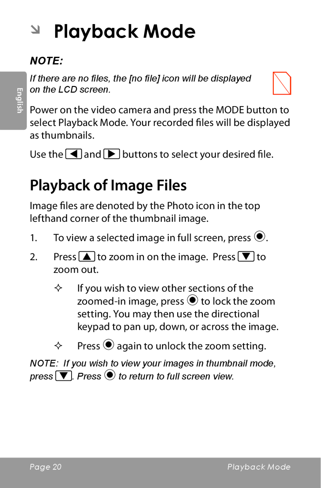 COBY electronic CAM5000 ÂÂ Playback Mode, Playback of Image Files, —— Press again to unlock the zoom setting 