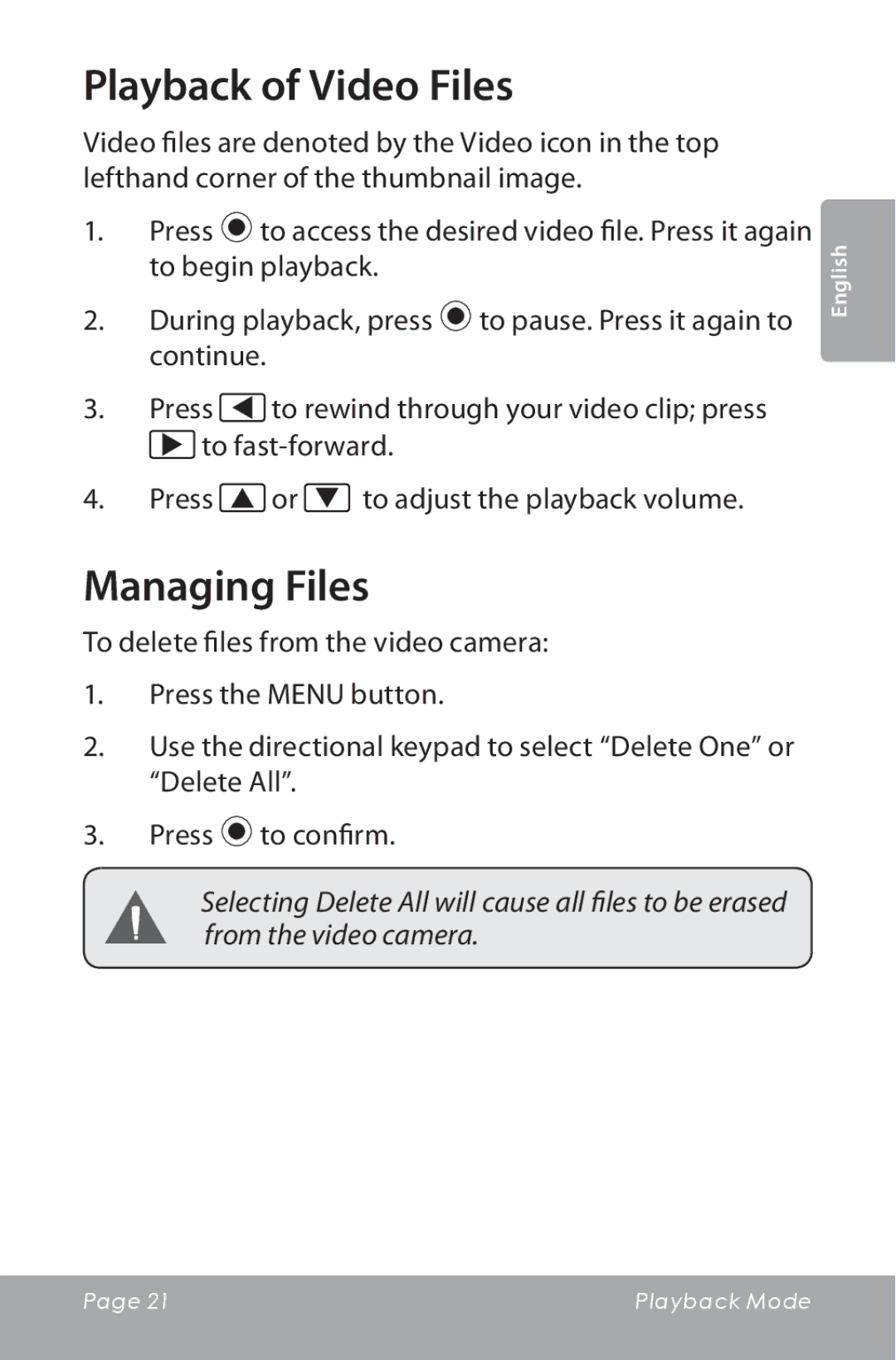 COBY electronic CAM5000 instruction manual Playback of Video Files, Managing Files 